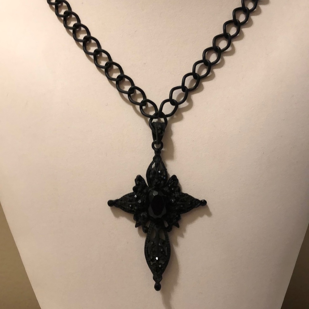 Black Lace Cross Necklace. 18”